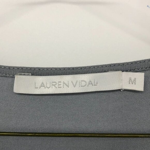Lauren Vidal blue grey short sleeve viscose Chained  V-neck blouse Med - Picture 4 of 14